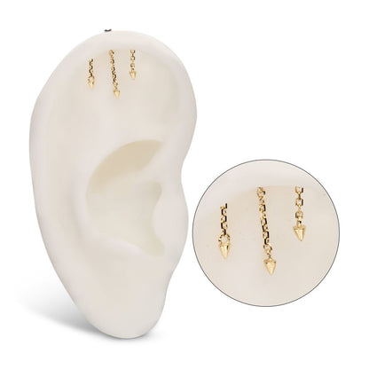 14Kt Gold Threadless Hidden Helix Curved Bar Top with 3 Spike Chain Dangle