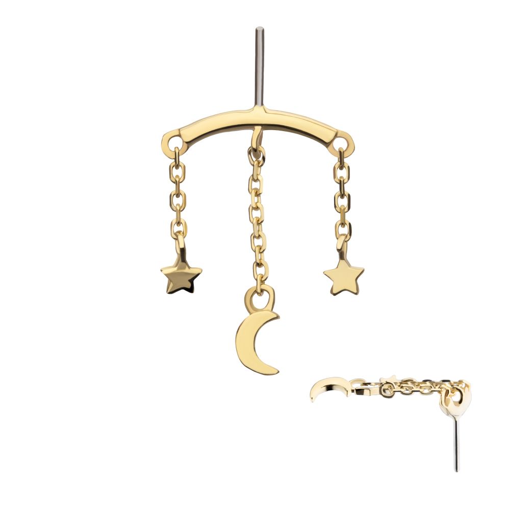 14Kt Yellow Gold Threadless Hidden Helix Curved Bar Top with Crescent Moon and Stars Chain Dangle