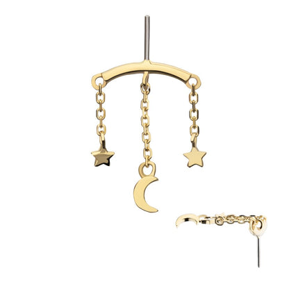 14Kt Yellow Gold Threadless Hidden Helix Curved Bar Top with Crescent Moon and Stars Chain Dangle