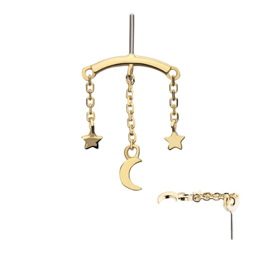 14Kt Yellow Gold Threadless Hidden Helix Curved Bar Top with Crescent Moon and Stars Chain Dangle