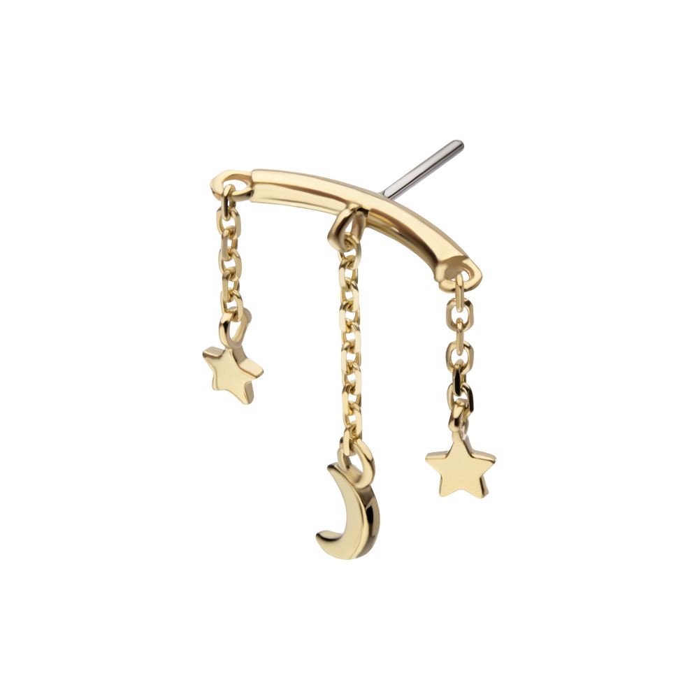 14Kt Yellow Gold Threadless Hidden Helix Curved Bar Top with Crescent Moon and Stars Chain Dangle