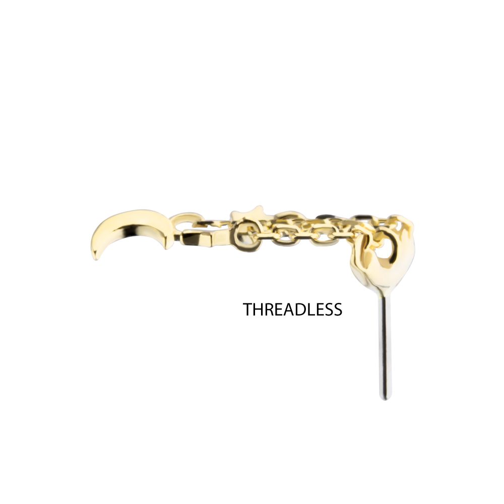 14Kt Yellow Gold Threadless Hidden Helix Curved Bar Top with Crescent Moon and Stars Chain Dangle