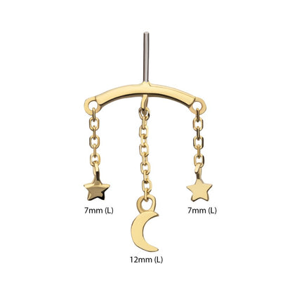 14Kt Yellow Gold Threadless Hidden Helix Curved Bar Top with Crescent Moon and Stars Chain Dangle