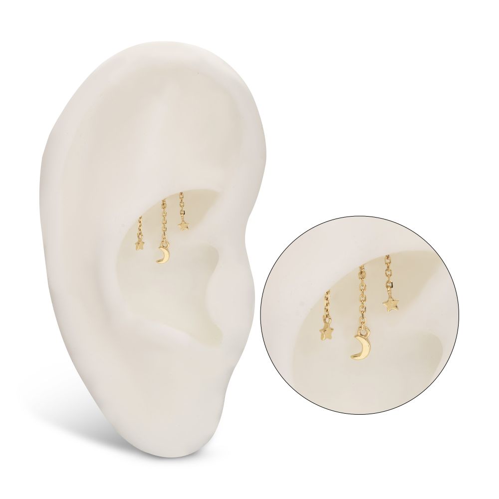 14Kt Yellow Gold Threadless Hidden Helix Curved Bar Top with Crescent Moon and Stars Chain Dangle