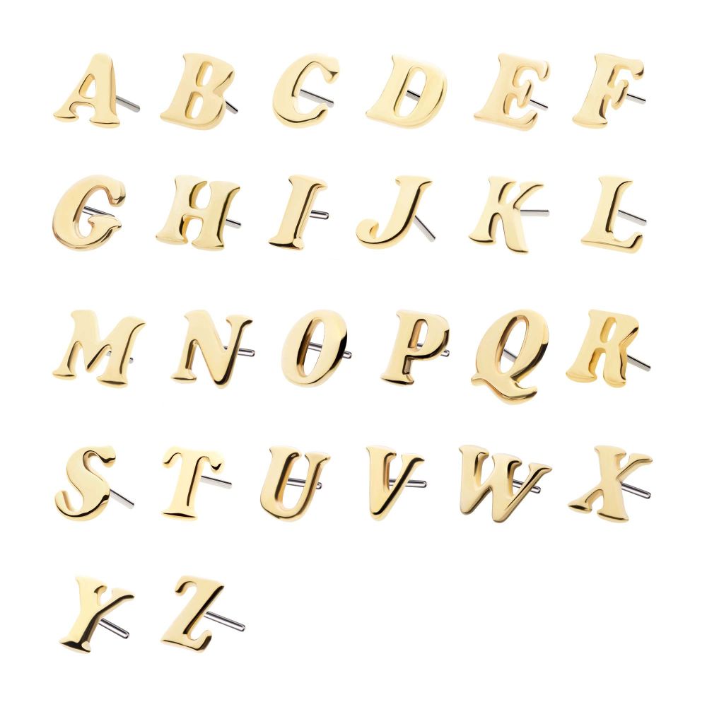 14Kt Yellow Gold Threadless Cooper Black Italic Letter Initial Tops