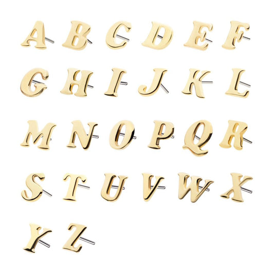 14Kt Yellow Gold Threadless Cooper Black Italic Letter Initial Tops