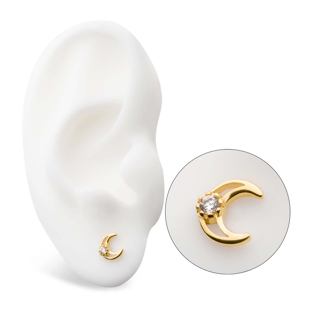 14Kt Yellow Gold Threadless with CZ/Opal Crescent Moon Top
