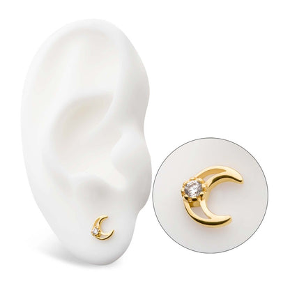 14Kt Yellow Gold Threadless with CZ/Opal Crescent Moon Top
