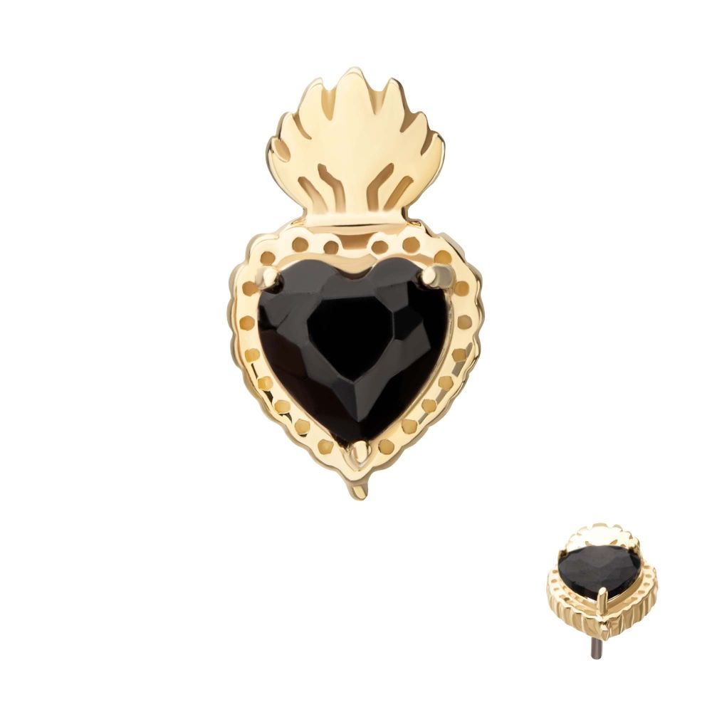 14Kt Yellow Gold Threadless Prong Set Black Gem Sacred Heart Top