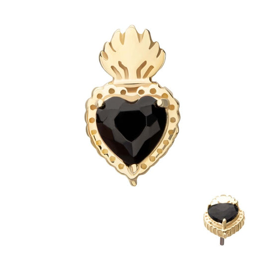 14Kt Yellow Gold Threadless Prong Set Black Gem Sacred Heart Top