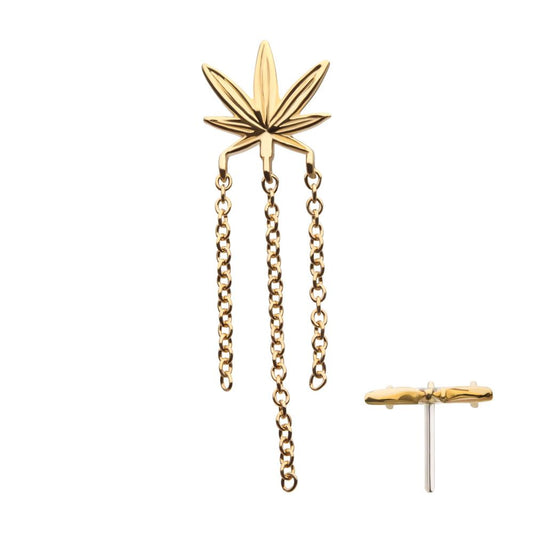 14Kt Yellow Gold Threadless Pot Leaf Top with Dangle Chains