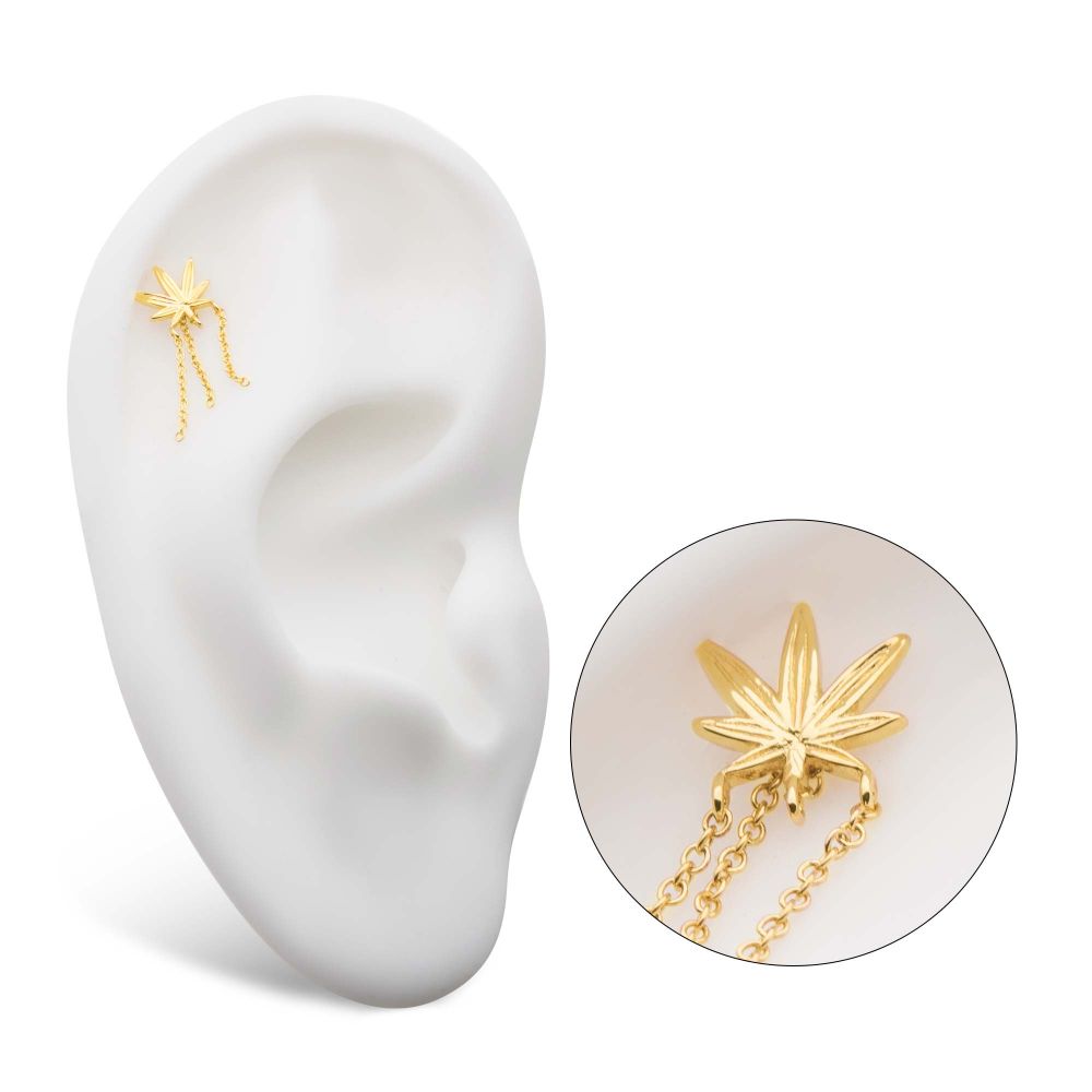 14Kt Yellow Gold Threadless Pot Leaf Top with Dangle Chains