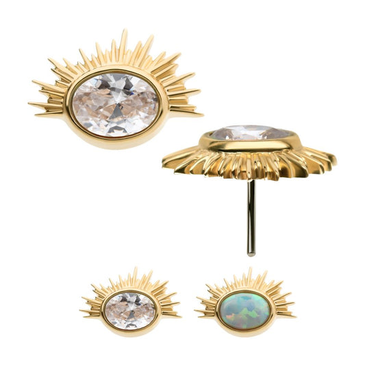 14Kt Yellow Gold Threadless with Bezel Set Oval Clear CZ/White Synthetic Opal Starburst Top