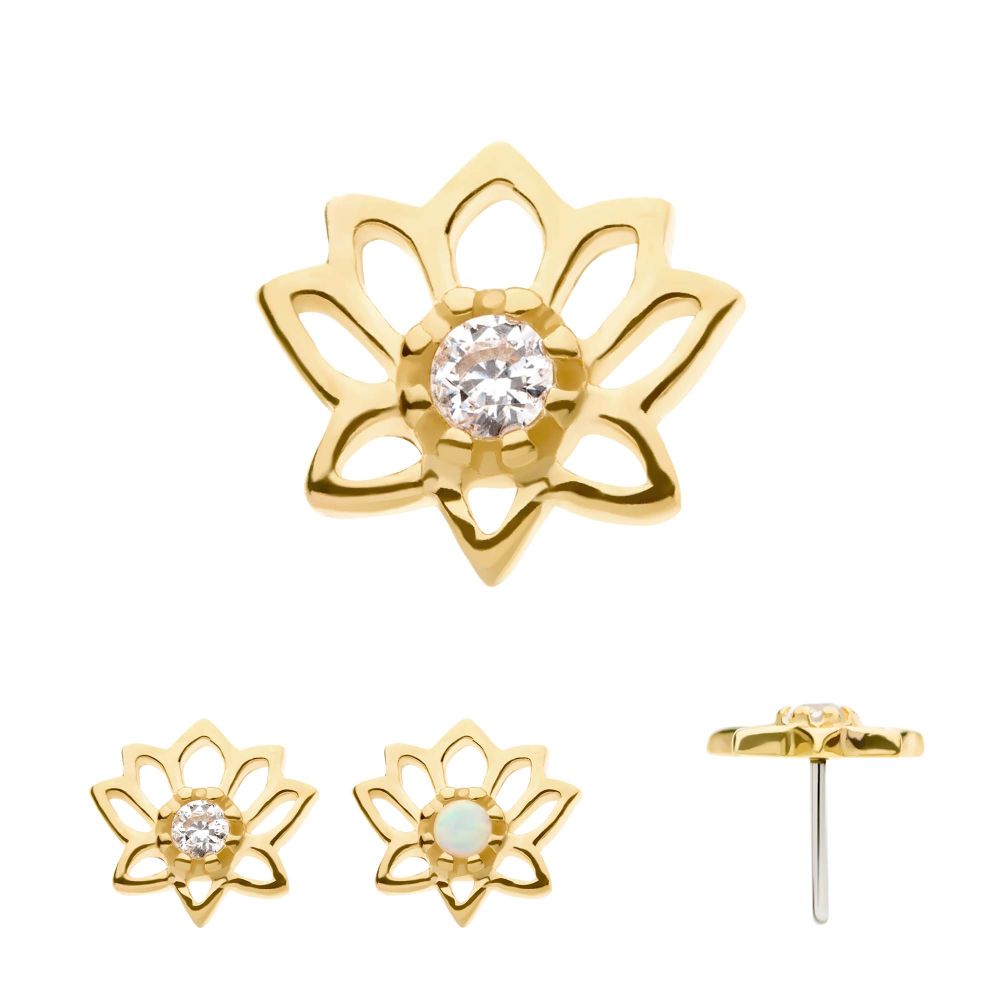 14Kt Gold Threadless Lotus Flower Top with Prong Set Gem