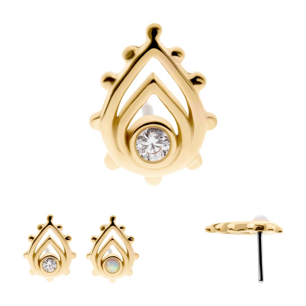 14Kt Yellow Gold Threadless Bezel Set Gem/Opal Beaded Edge Teardrop Top