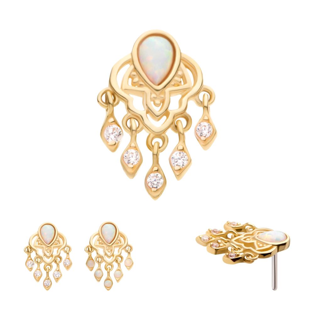 14Kt Yellow Gold Threadless Bezel Set Teardrop & Round Gem/Opal Mandala Dangle Top