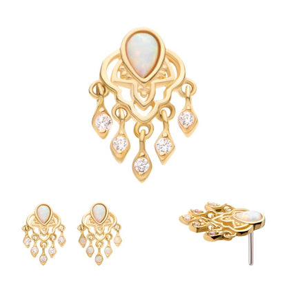 14Kt Yellow Gold Threadless Bezel Set Teardrop & Round Gem/Opal Mandala Dangle Top