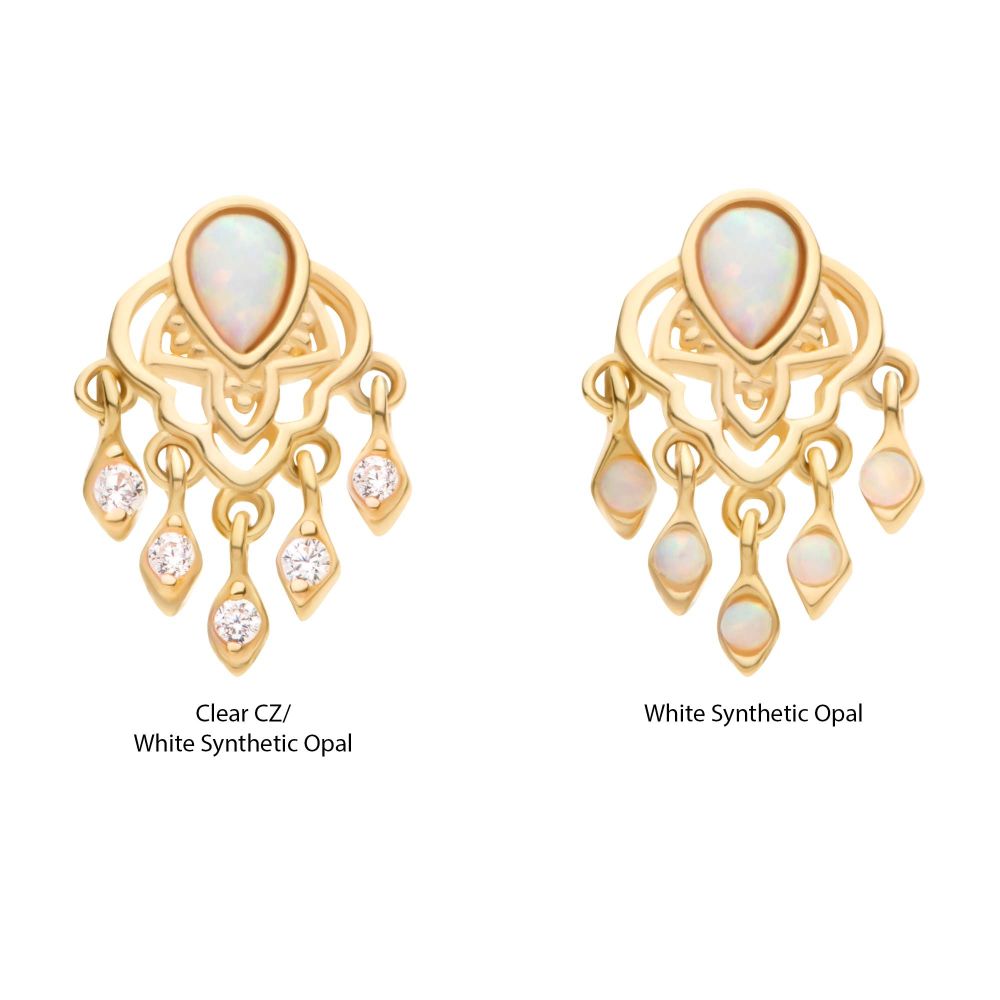 14Kt Yellow Gold Threadless Bezel Set Teardrop & Round Gem/Opal Mandala Dangle Top