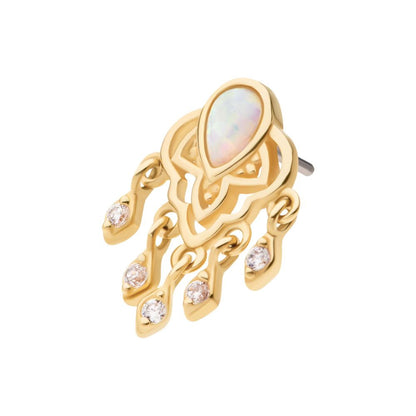 14Kt Yellow Gold Threadless Bezel Set Teardrop & Round Gem/Opal Mandala Dangle Top