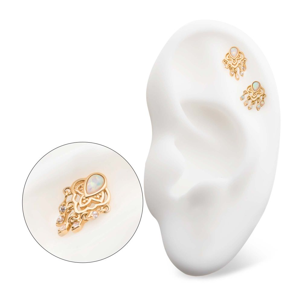 14Kt Yellow Gold Threadless Bezel Set Teardrop & Round Gem/Opal Mandala Dangle Top