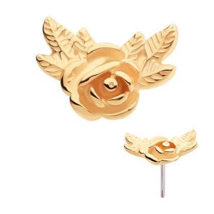 14Kt Yellow Gold Threadless Angled Rose with Leaves Top