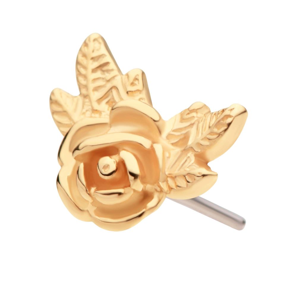 14Kt Yellow Gold Threadless Angled Rose with Leaves Top