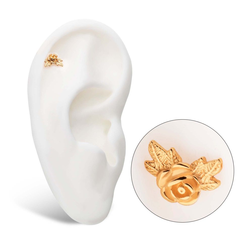 14Kt Yellow Gold Threadless Angled Rose with Leaves Top