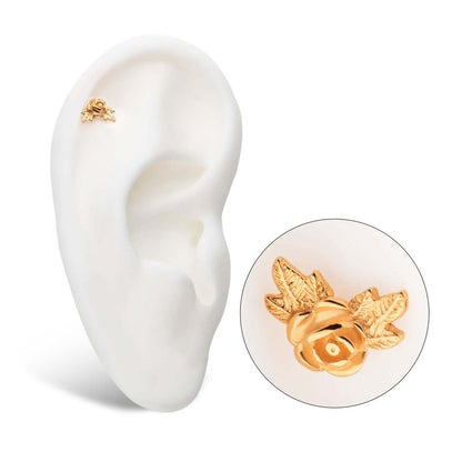 14Kt Yellow Gold Threadless Angled Rose with Leaves Top