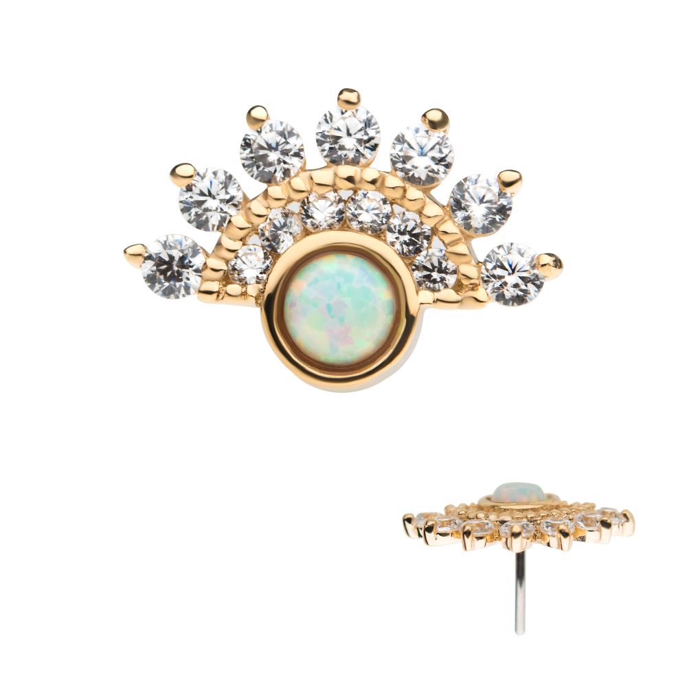 14Kt Yellow Gold Threadless with Bezel Set White Synthetic Opal & Prong Set Clear CZ Fan Cluster Top