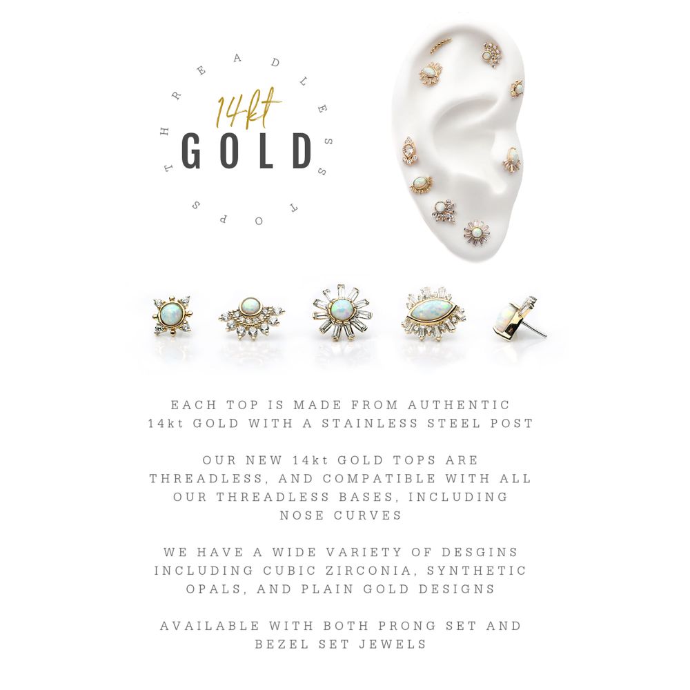14Kt Yellow Gold Threadless with Bezel Set White Synthetic Opal & Prong Set Clear CZ Fan Cluster Top