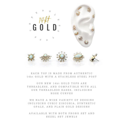 14Kt Yellow Gold Threadless with Bezel Set White Synthetic Opal & Prong Set Clear CZ Fan Cluster Top