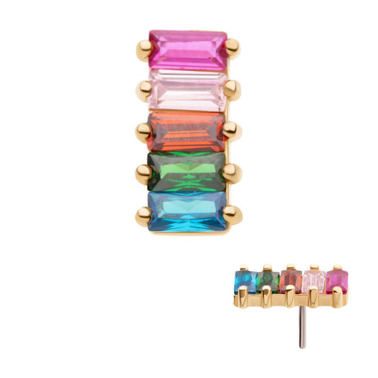14Kt Yellow Gold Threadless with Prong Set Baguette Rainbow CZ 5-Cluster Top