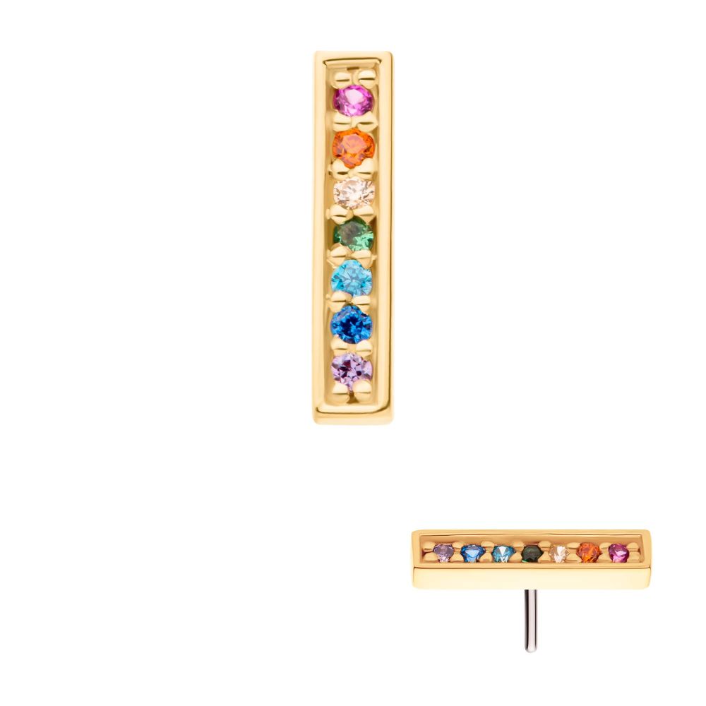14Kt-Yellow Gold Threadless with Prong Set Rainbow CZ 7-Cluster Bar Top