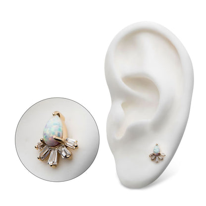 14Kt Yellow Gold Threadless with Prong Set Teardrop White Synthetic Opal & Tapered Baguette Clear CZ Cluster Top