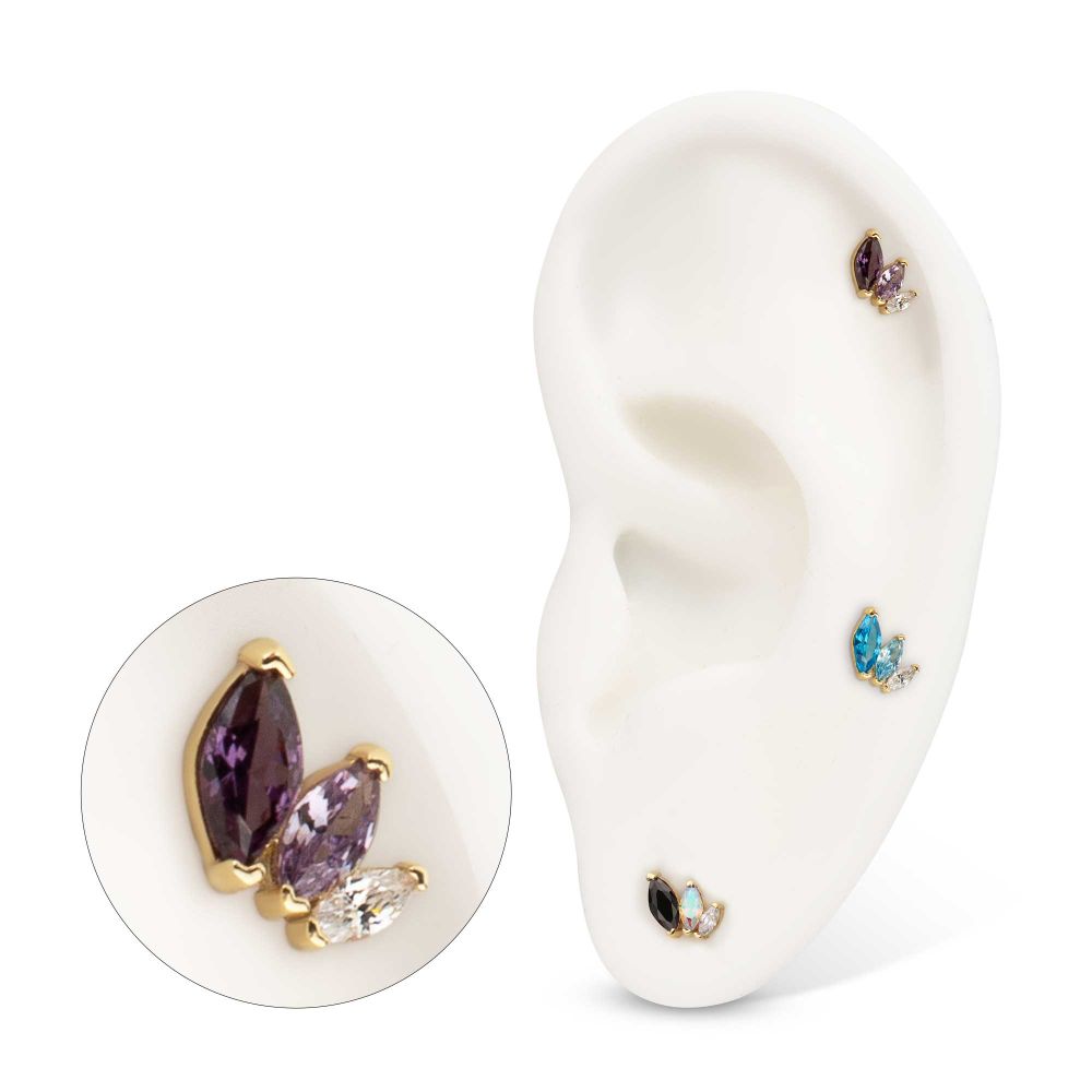 14Kt Yellow Gold Threadless "Marquise Cascade" Triple Gem Top