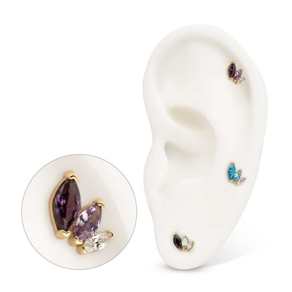 14Kt Yellow Gold Threadless "Marquise Cascade" Triple Gem Top