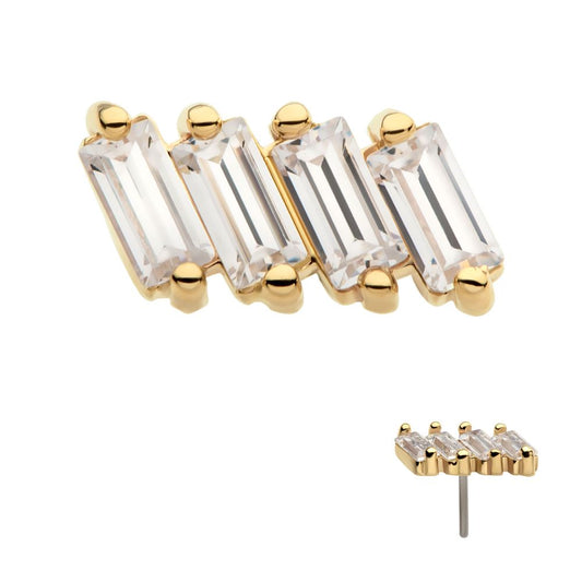14Kt Yellow Gold Threadless with Baguette CZ 4-Cluster Top