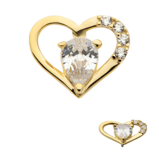 14Kt Yellow Gold Threadless Cut Out Heart  Top with Teardrop & Round CZ