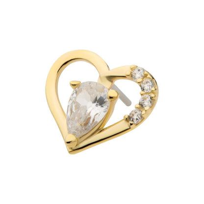 14Kt Yellow Gold Threadless Cut Out Heart  Top with Teardrop & Round CZ