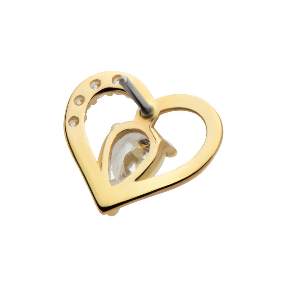 14Kt Yellow Gold Threadless Cut Out Heart  Top with Teardrop & Round CZ