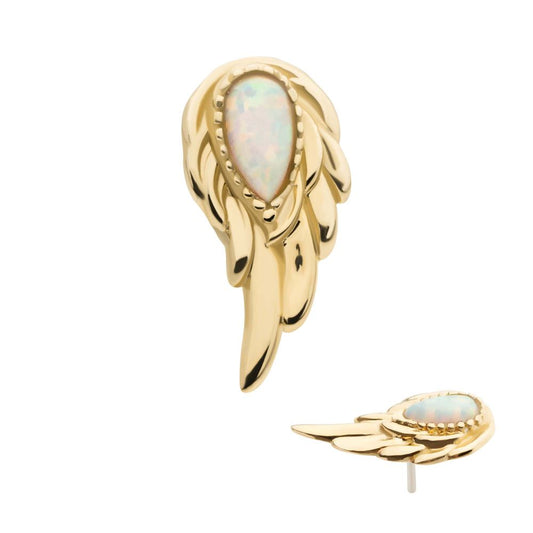 14Kt Yellow Gold Threadless Prong Set Teardrop White Opal Wing Top (Left Ear)