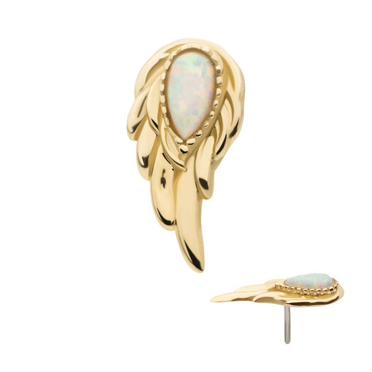14Kt Yellow Gold Threadless Prong Set Teardrop White Opal Wing Top (Right Ear)