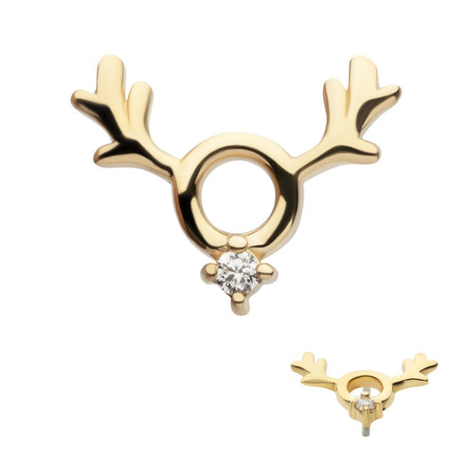 14Kt Yellow Gold Threadless Prong Set 1.1mm Clear CZ Reindeer Top