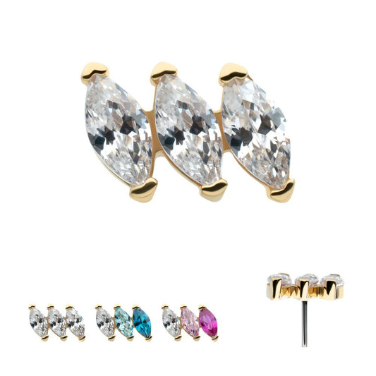 14Kt Yellow Gold Threadless Pronged Marquise CZ 3-Cluster Top