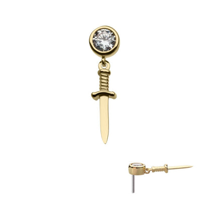 14Kt Yellow Gold Threadless Bezel Set Round CZ with Dangle Dagger Top
