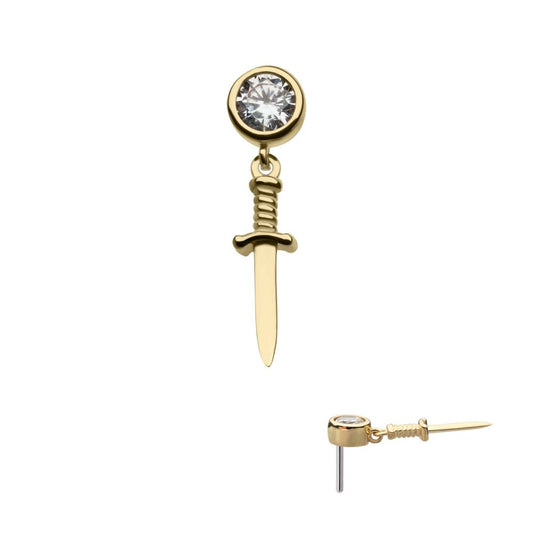 14Kt Yellow Gold Threadless Bezel Set Round CZ with Dangle Dagger Top