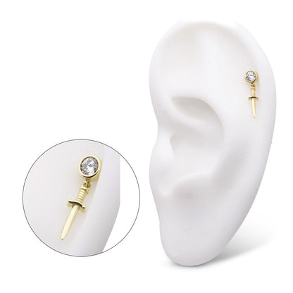 14Kt Yellow Gold Threadless Bezel Set Round CZ with Dangle Dagger Top