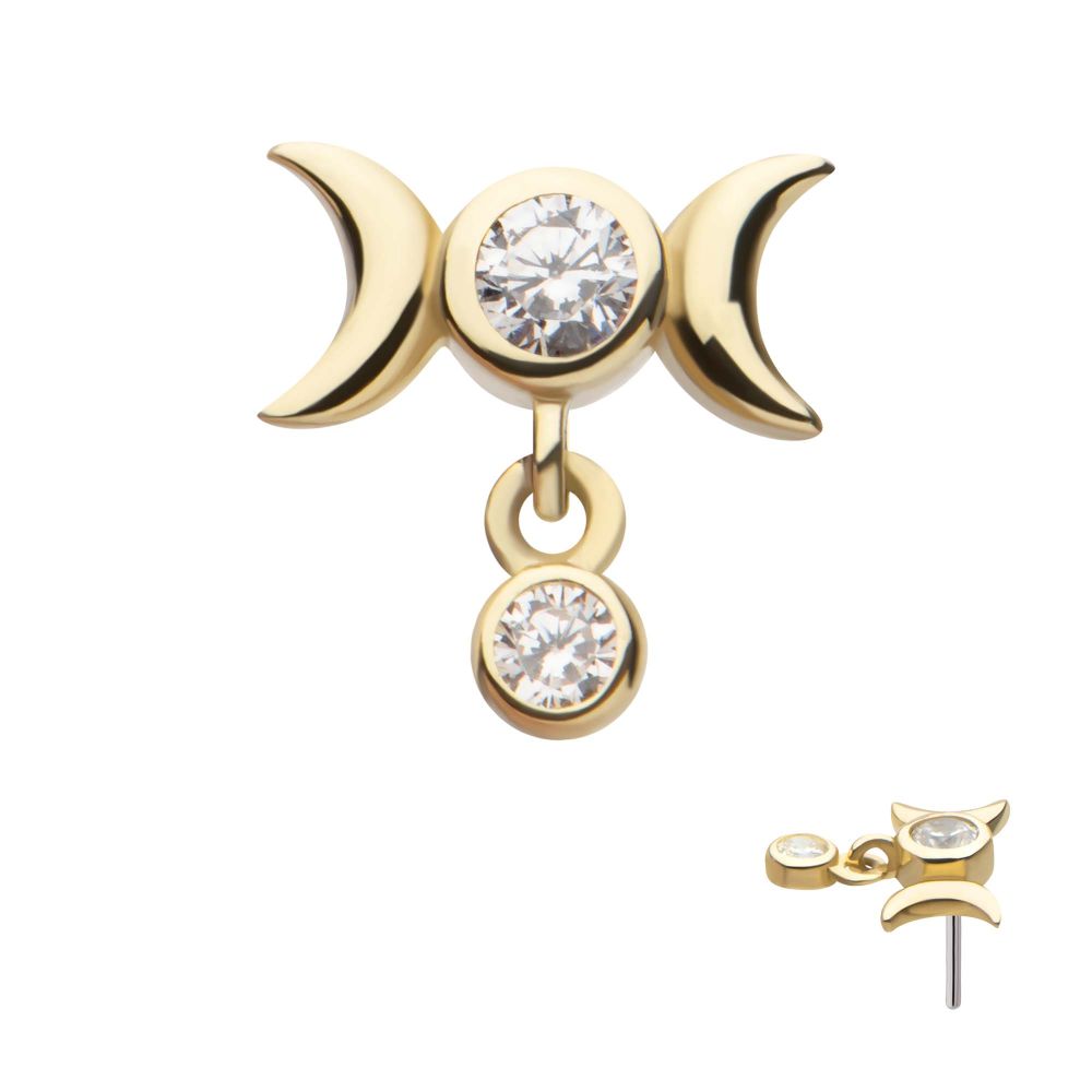 14Kt Yellow Gold Threadless Triple Moon Phase Top with Dangle Bezel Set Round CZ