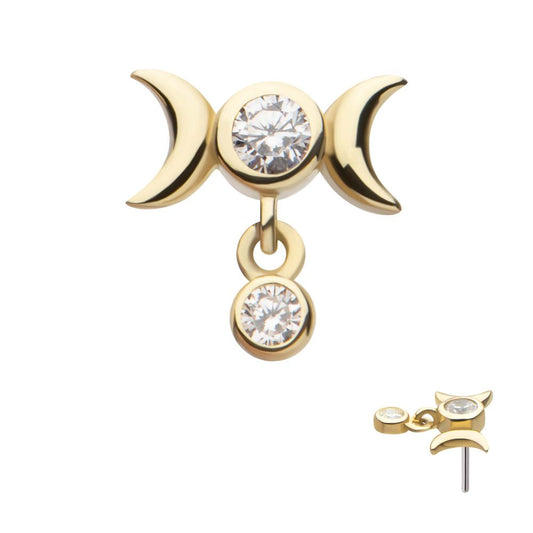 14Kt Yellow Gold Threadless Triple Moon Phase Top with Dangle Bezel Set Round CZ