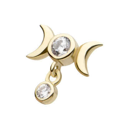 14Kt Yellow Gold Threadless Triple Moon Phase Top with Dangle Bezel Set Round CZ